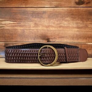 Candie's Brown Bonded Leather Basket Weave Belt Antique Brass Buckle NWT Size L